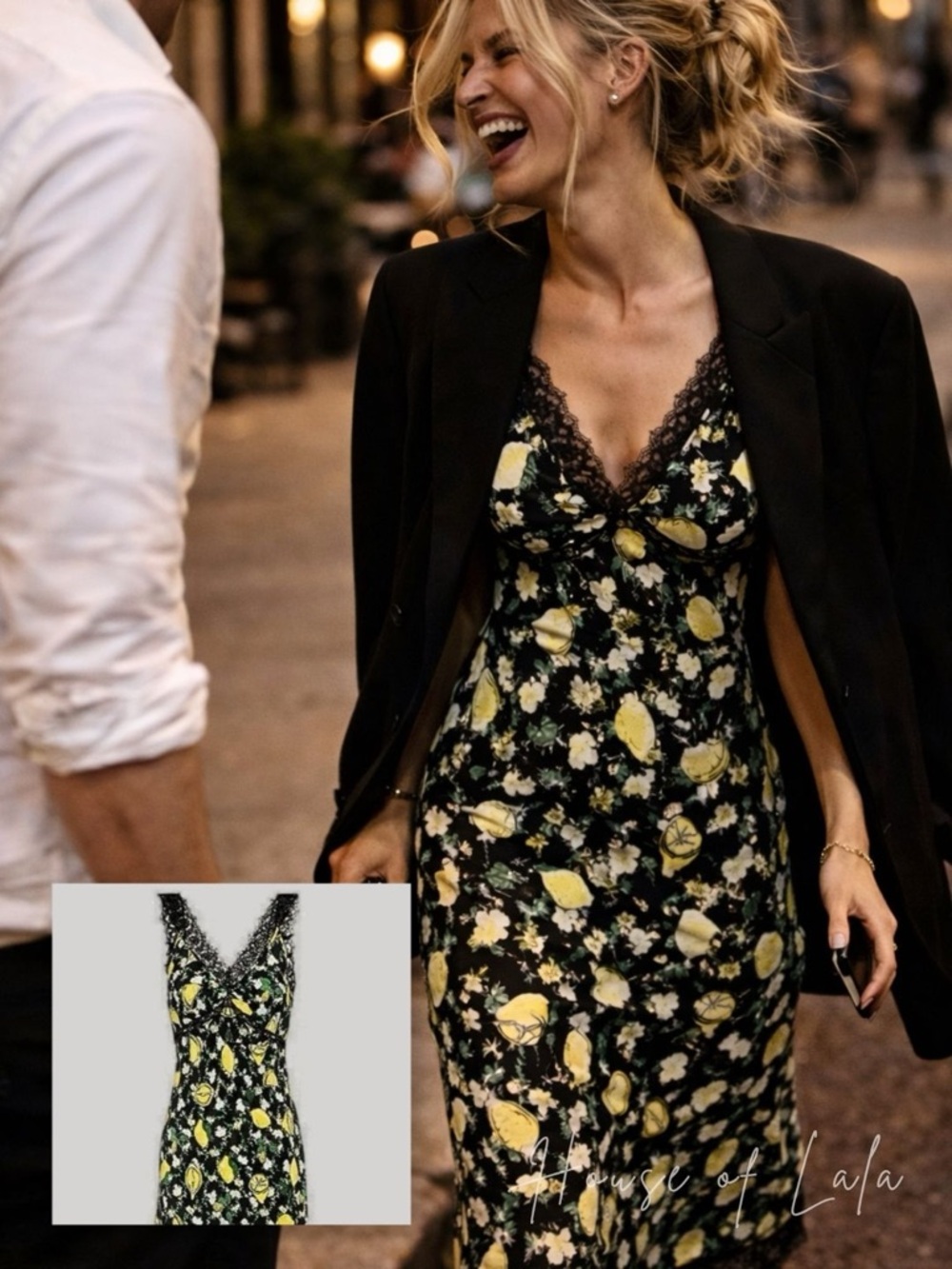 DVF 100% Silk Lemon Print Dress – Lace Trim, Sleeveless, Midi
